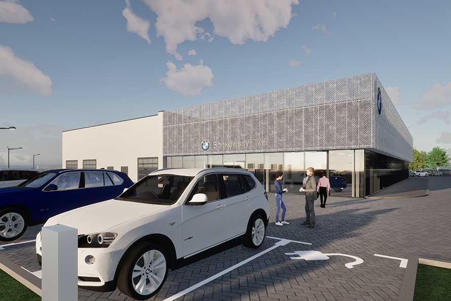 Wizualizacja nowego salonu BMW Bońkowscy w Starych Bielicach pod Koszalinem – otwarcie III kwartał 2026.