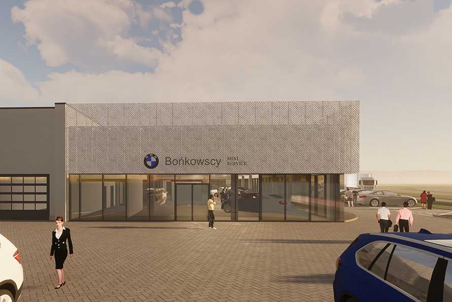 Wizualizacja nowego salonu BMW Bońkowscy w Starych Bielicach pod Koszalinem – otwarcie III kwartał 2026.